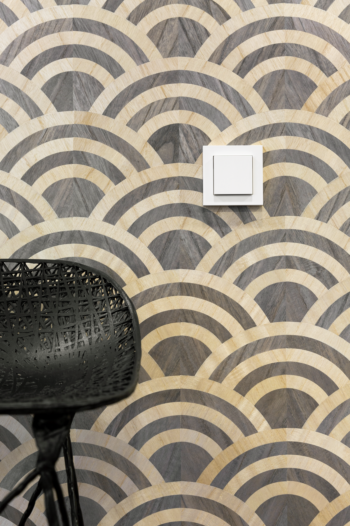 Wall switch on Lucky O Wallcovering with Carbon Barstool